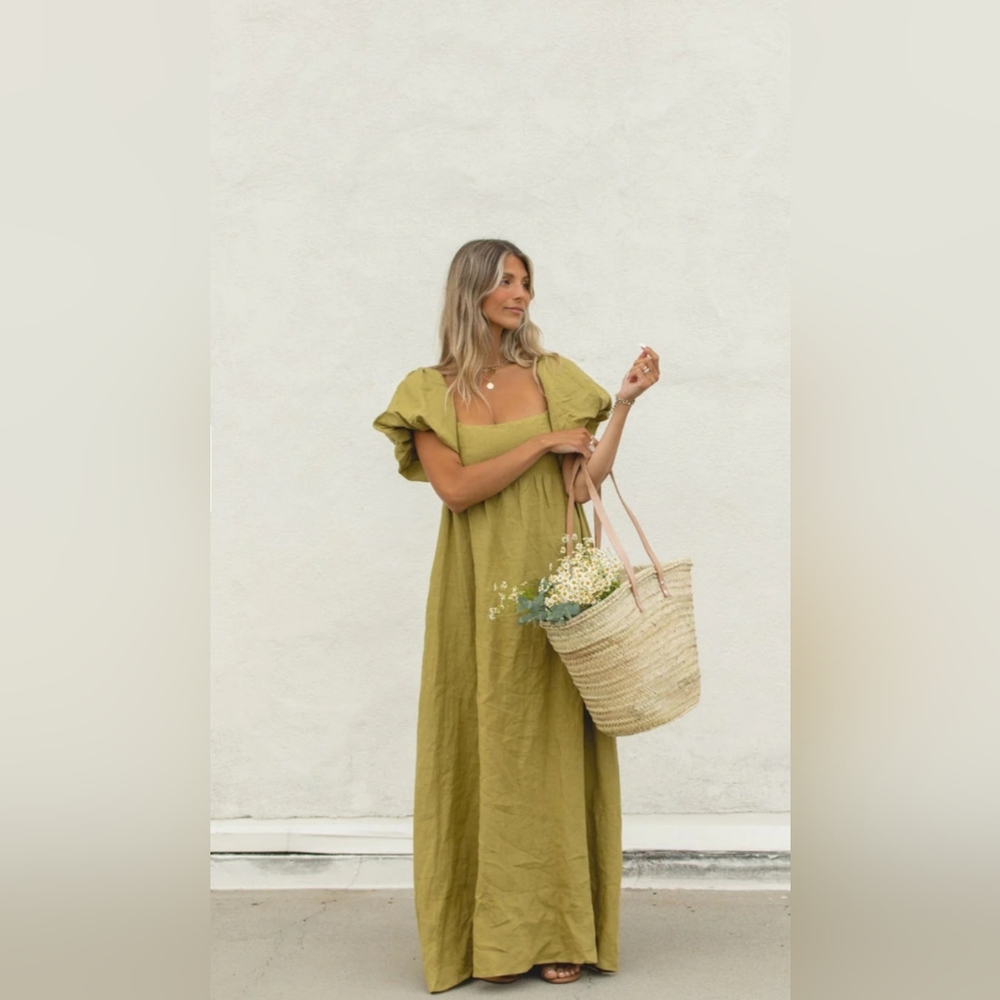 Solai French Riviera Linen Dress in Olive